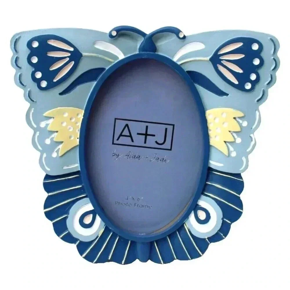 New Blue / White Butterfly Shape BOHO Photo Picture Frame 4x6 Tabletop Decor